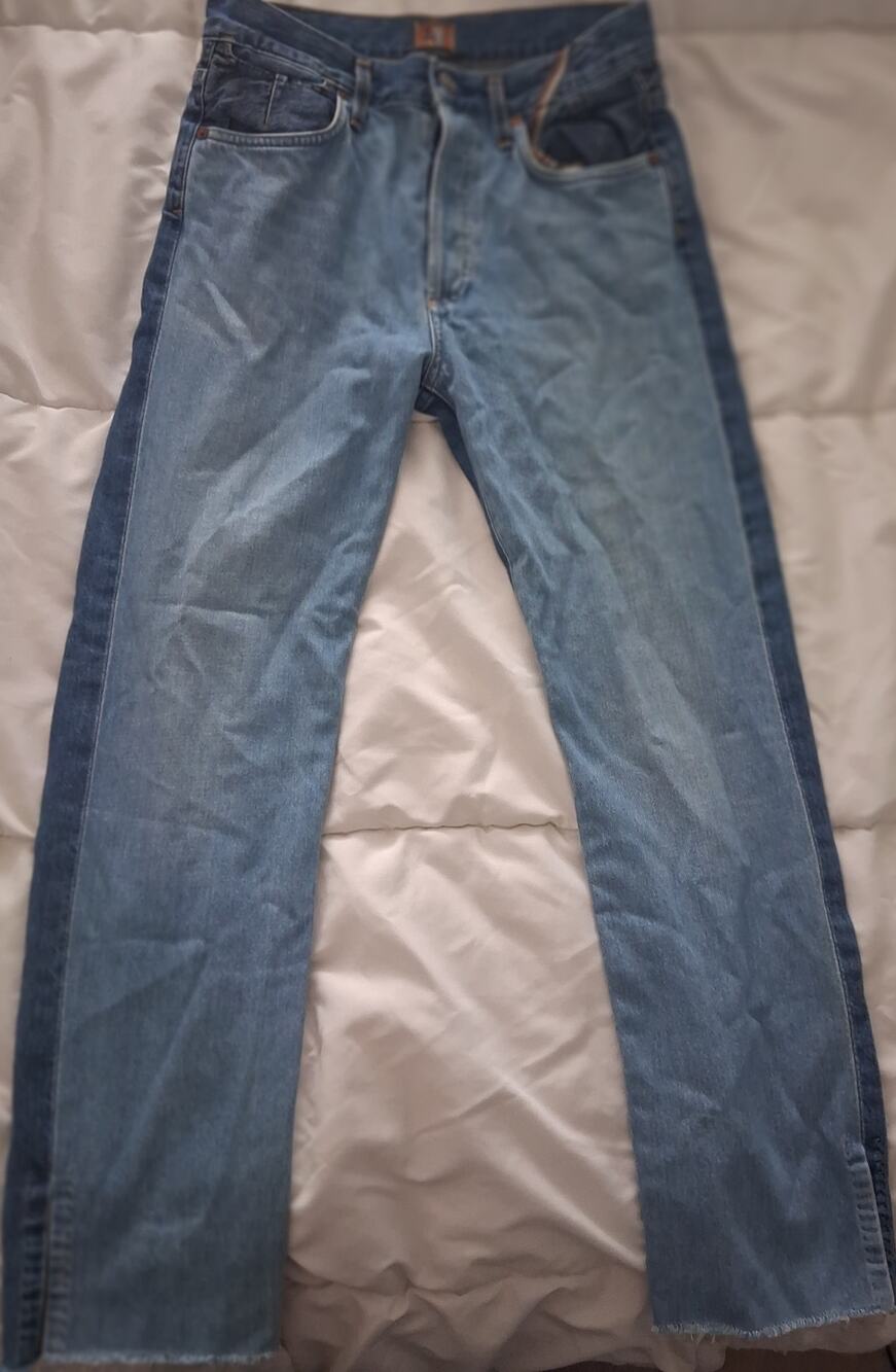 Jean Atelier Two-Tone High Rise Straight Leg Jeans Raw Hem Size 26
